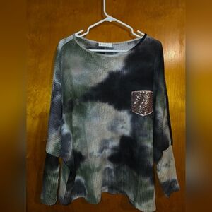 FSL Apparel Sequin Pocket Tie-Dye Long Sleeve Tee - Black & Green